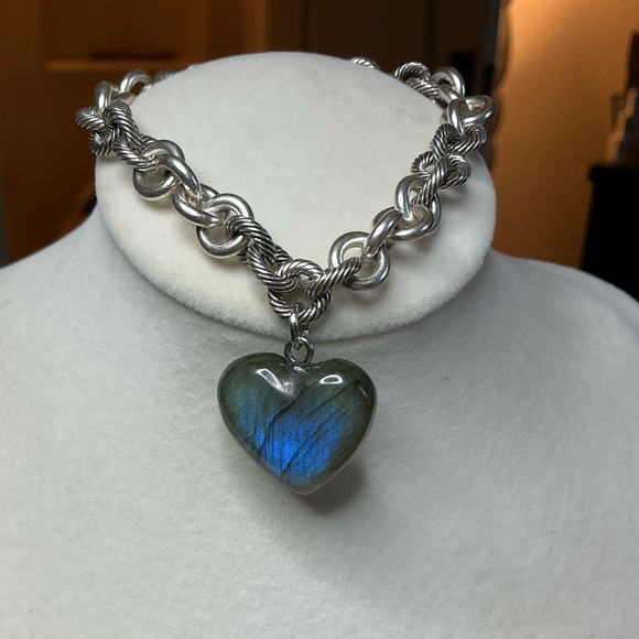 Antique Silver Bracelet with Super Flashy Labradorite Heart Charm - Picture 2 of 5